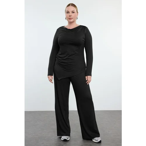 Trendyol Curve Black Premium Boat Neck Knitted Plus Size Bottom Top Set