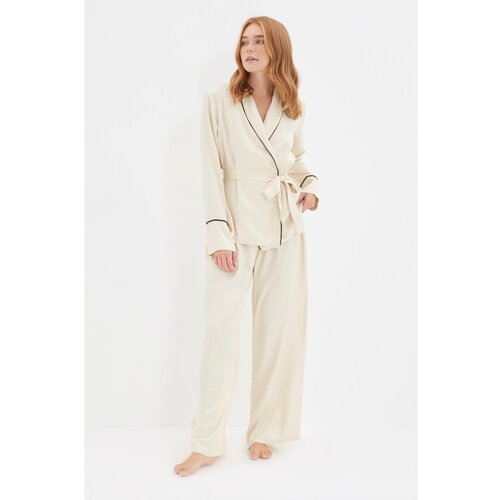 Trendyol Beige Piping Detailed Viscose Woven Pajamas Set Slike