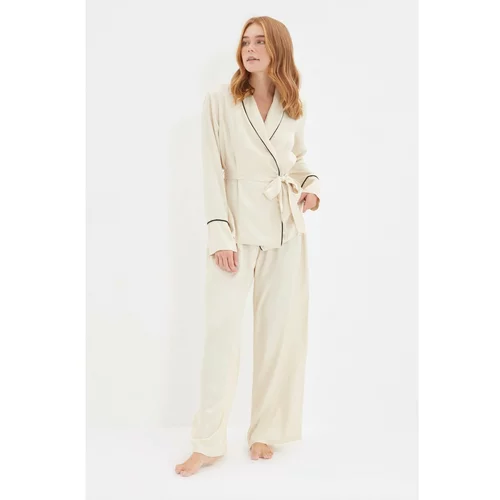 Trendyol Beige Piping Detailed Viscose Woven Pajamas Set