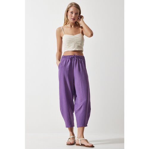 Happiness İstanbul Women's Dark Purple Pocket Linen Viscose Baggy Trousers Slike