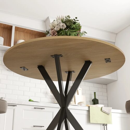  Okrugli kuhinjski stol 80 cm kompaktna ploča iverica metal bijeli hrast + crna Slike
