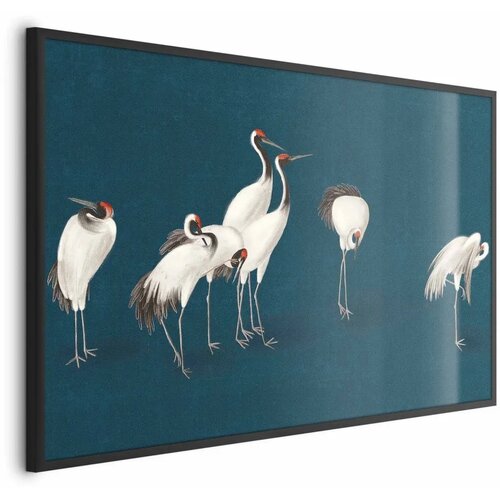  Plakat - Evening at the Pond - group of cranes drawn in dry pastel on a dark turquoise background 90x60 Crni okvir Cijene