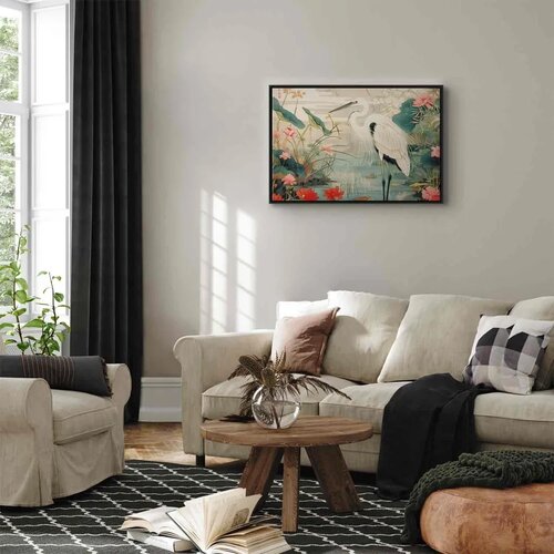  Slika - By an Asian pond - an illustration in the style of a Japanese engraving depicting a heron 90x60 U crnom drvenom okviru Slike