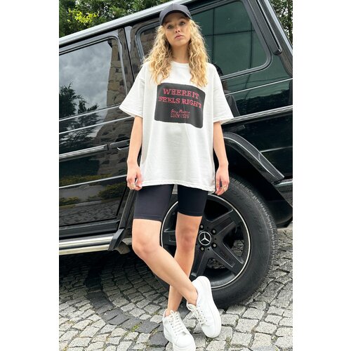 Trend Alaçatı Stili Woman's Black Crew Neck Printed Oversize T-Shirt Cene