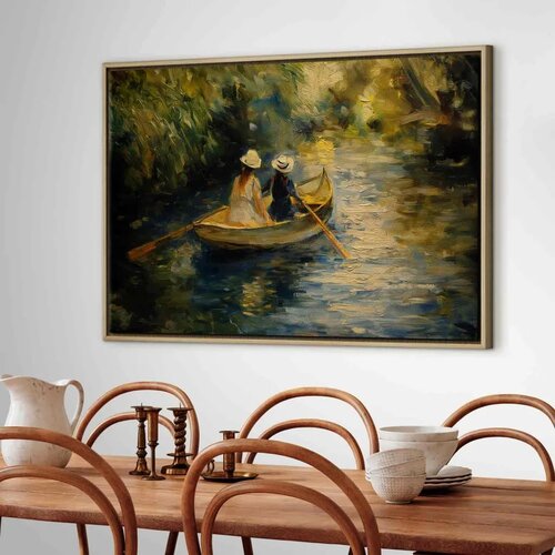  Slika - Boat crossing - painting of two women sailing a boat on a river 120x80 U prirodnom drvenom okviru Slike