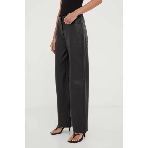 Samsoe Samsoe Kožne hlače za žene, boja: crna, široke, visoki struk