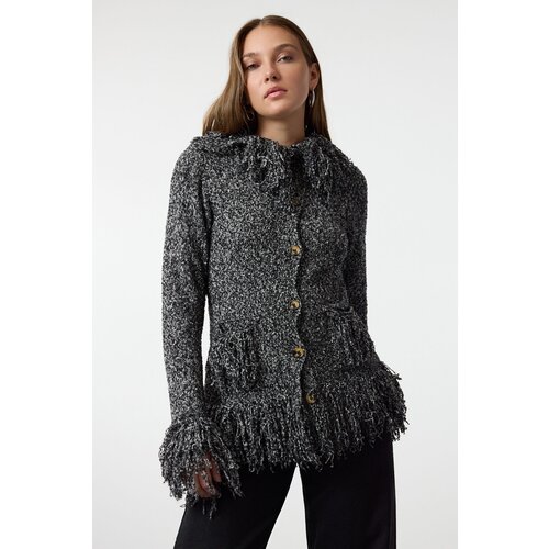 Trendyol Black Fringed Coat-Look Knitwear Cardigan Cene