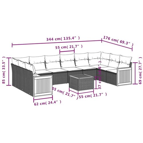 VidaXL 11-dijelni set vrtnih sofa od poliratana s jastucima bež Slike