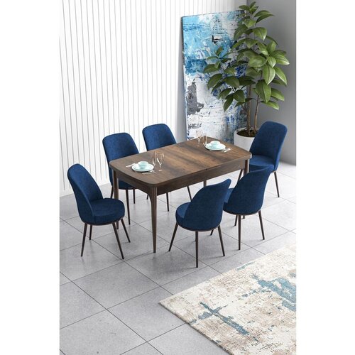 Hanah home Han - Baroque, Navy Blue BaroqueNavy Blue Extendable Dining Table & Chairs Set (7 Pieces) Cene