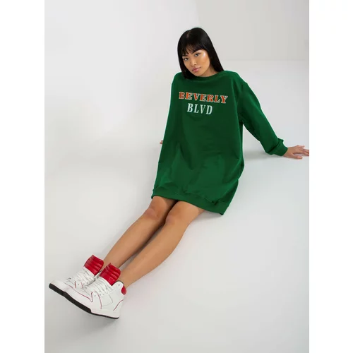 Fashion Hunters Dark green long sweatshirt with a print and an appliqué