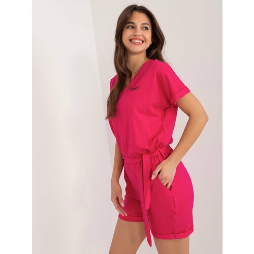 Fashion Hunters Cotton fuchsia jumpsuit with a plunging neckline Slike