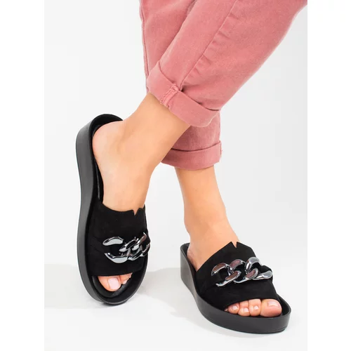 SHELOVET Comfortable black women's slippers with chain