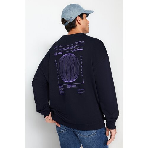 Trendyol Navy Blue Men's Oversized Mystical Printed Cotton Sweatshirt Slike