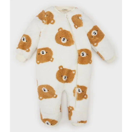 Defacto Baby Boy Newborn Bear Patterned Zippered Long Sleeve Plush Jumpsuit