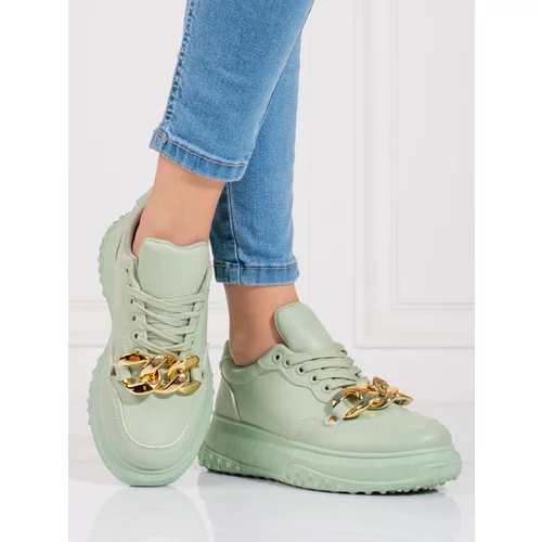 SHELOVET Light green women's sneakers with chain