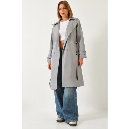 Bianco Lucci Women's Double Breasted Neckline Belted Trench Coat with Pockets 5918 Slike