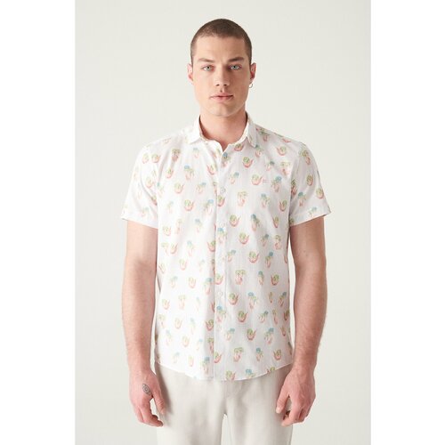 Avva Men's Ecru Printed Short Sleeve Cotton Shirt Slike