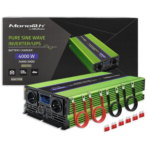 Qoltec Monolith Voltage Converter | Charging the battery | UPS | 2000W | 4000W |12V to 230V |Pure Sine | LCD black-green Cijene