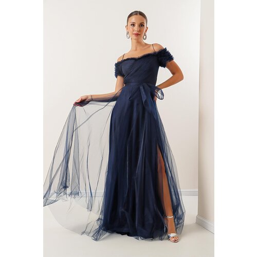 By Saygı Rope Straps Madonna Collar Front Slit Lined Tulle Long Dress Slike