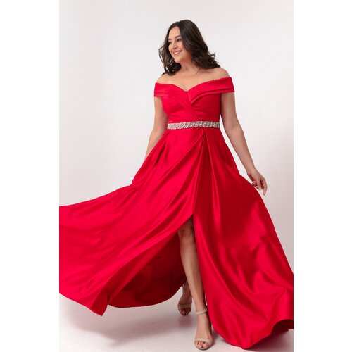 Lafaba Women's Red Boat Collar With Stones and Belt Plus Size Evening Dress. Cene