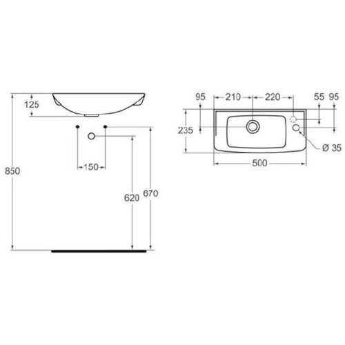 Ideal Standard R421901 Eurovit 50 x 23,5 cm desna izvedba keramični umivalnik z odprtino za armaturo Cene