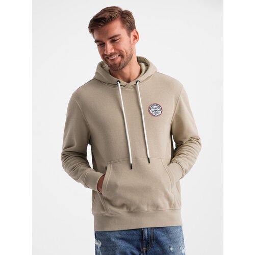 Ombre Men's kangaroo sweatshirt with hood and college style patch - sand Cijene