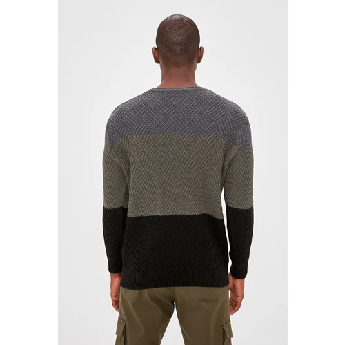 Trendyol Khaki Regular Crew Neck Color Block Knitwear Sweater