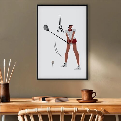  Slika - Female Golfer With the Eiffel Tower in the Background - Illustration 40x60 U crnom drvenom okviru Slike