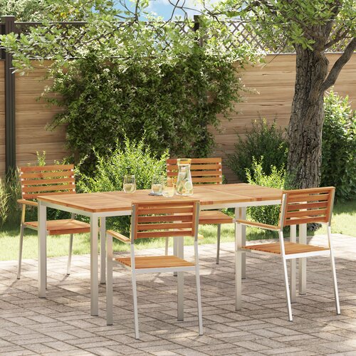 VidaXL Set za blagovanje u vrtu od 5 dijelova od masivnog bagremovog drveta, Vanjski blagovački stol 180x90x75 cm od masivnog bagremovog drveta, Stacking vrtne stolice 4 kom masivno bagremovo drvo i čelik Slike