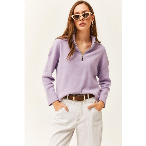 Olalook Women's Lilac Zipper High Neck Raised Sweater Slike