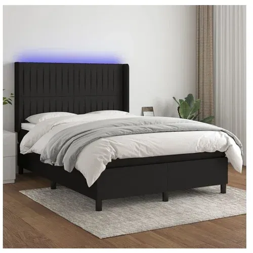  Box spring postelja z vzmetnico LED črna 140x190 cm blago