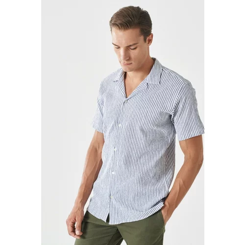 Altinyildiz classics Men's White-Navy Blue Comfort Fit Relaxed Cut Mono Collar Seersucker Striped Shirt