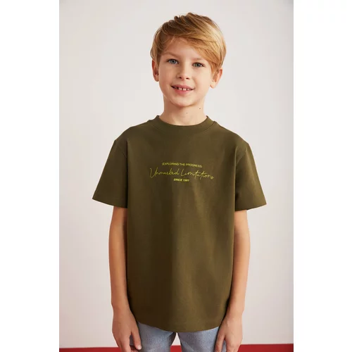 GRIMELANGE Rune Boy's 100% Cotton Short Sleeve Piece Printed Crew Neck Khaki T-shirt