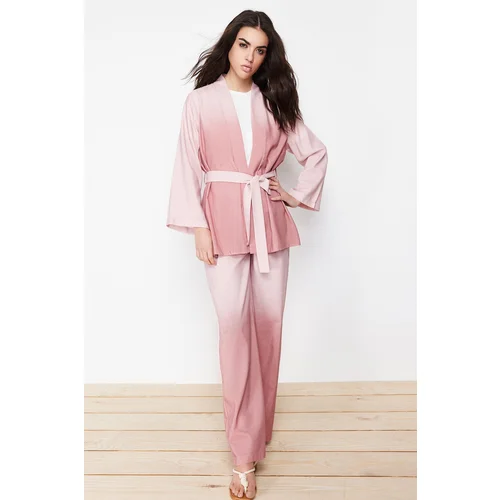 Trendyol Purple Linen Look Woven Kimono Trousers Bottom Top Set