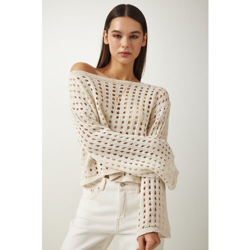  Women's Cream Openwork Crop Knitwear Sweater Cene