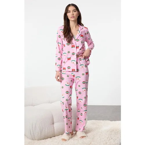 Trendyol Pink 100% Cotton Christmas Themed Knitted Pajamas Set