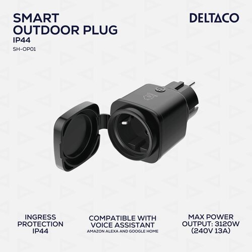 Deltaco SMART HOME utičnica za str VANJSKA, WiFi 2,4GHz, IP44, 1xCEE 7/3, 13A, timer, 220-240V, CRNA Slike