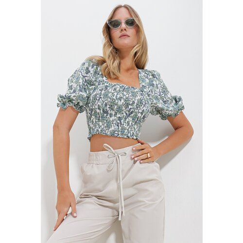 Trend Alaçatı Stili women's green-white square neck watermelon sleeve gimped crop linen blouse Slike