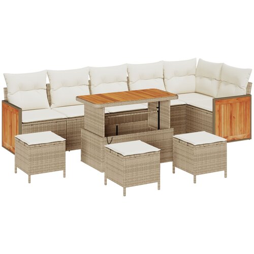vidaXL set od 10 delova vrtnih sofa s jastučićima bež pleteni ratan akacija, 2-sjedalna vrtna sofa s jastučićima bež pleteni ratan, 4-dijelni set za vrtno objedovanje s jastučićima bež pleteni ratan akacija Cene