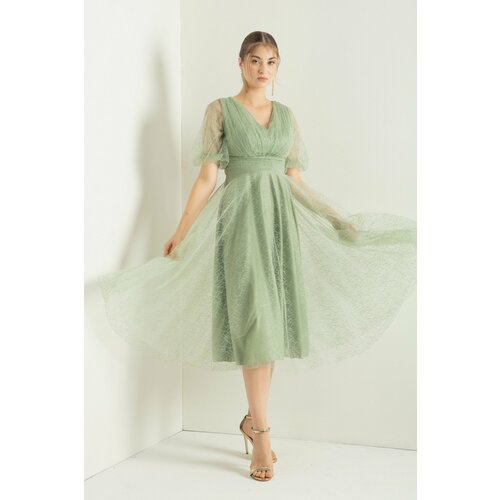 Lafaba Women's Mint Green Balloon Sleeve Silvery Evening Dress Slike