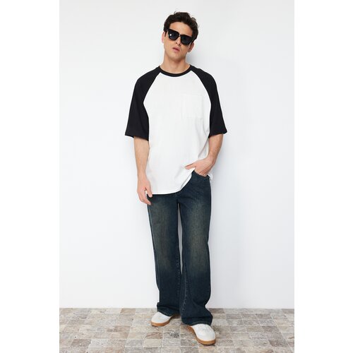 Trendyol Men's Black Oversize Pocket Color Block 100% Cotton T-Shirt Slike
