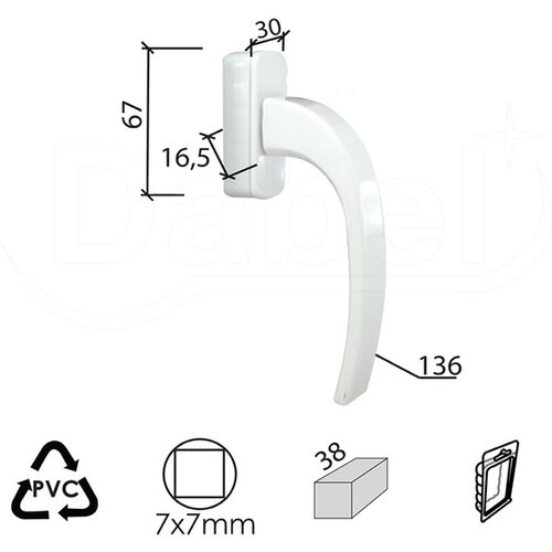 Dabel ručica za proz tara r9016 7x7/38/30x67x16,5/61/136 Slike