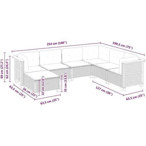  7-dijelni set vrtnih sofa od poliratana s jastucima crni Crna 63.5 x 56 x 32 cm Slike