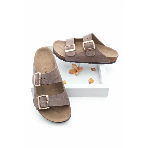 Marjin Women's Genuine Leather Daily Slippers With Double Straps, Eva Sole Poly Mink.