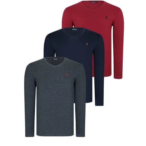 Dewberry TRIPLE SET T8587 V-NECK MEN'S SWEATSHIRT-NAVY-ANTHRACITE-BURGUNDY