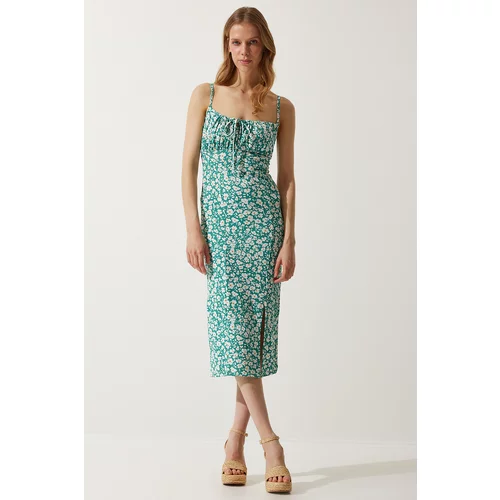 Happiness İstanbul Women's Light Green Floral Slit Summer Knitted Dress