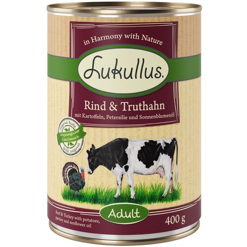  Varčno pakiranje Lukullus naravna hrana 24 x 400 g - Adult Govedina & puran (brez žit) Cijene