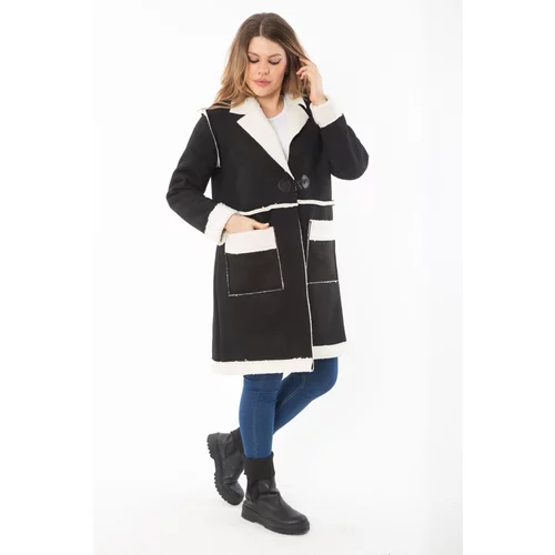 Şans Women's Plus Size Black Shearling Shepherd Button Nubuck Coat