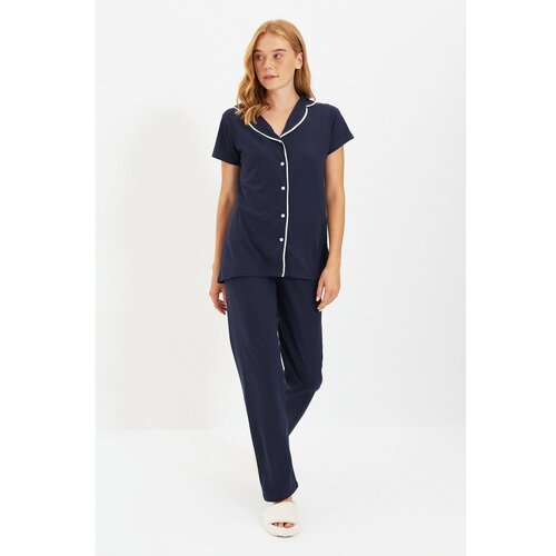 Trendyol Navy Blue Piping Detailed Knitted Pajamas Set Slike