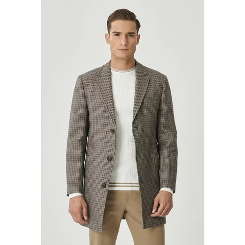 ALTINYILDIZ CLASSICS Men's Brown Standard Fit Mono Collar Cold Proof Special Fabric Woolen Plaid Stash Coat